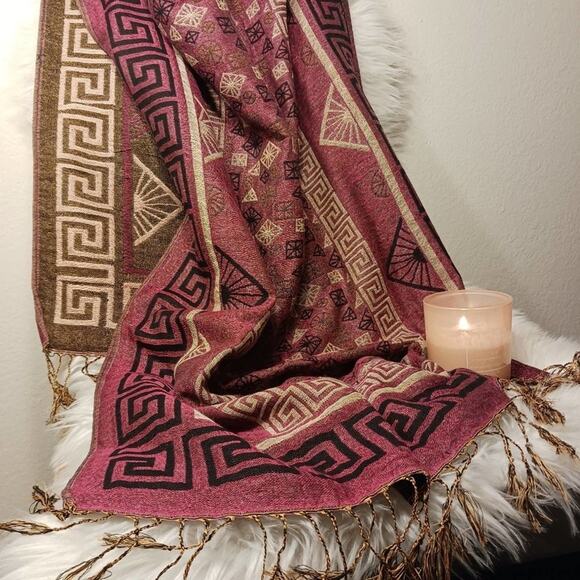 Pashmina EXOTIC Shoulder Wrap Shaw 68" x 25" Maroon & Gold LARGE Fringe Aztec - Picture 8 of 13